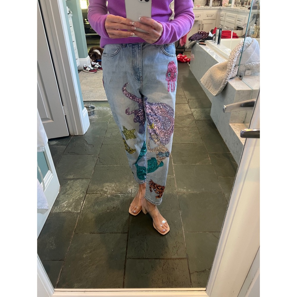 Topshop Mermaid Sequin Jeans Light Wash Ocean/Sea Life  Whimsical Art to Wear - Picture 5 of 15